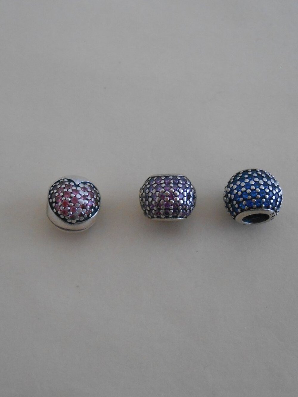 (3) Pandora Sterling Silver Pink, Purple and Blue CZ Charm